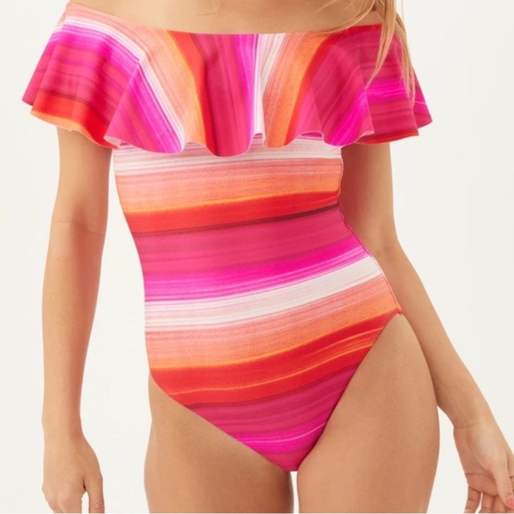 Trina Turk Pink and Orange Striped One Piece Swimsuit - Picture 7 of 7
